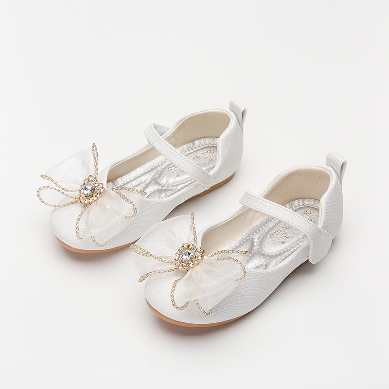 Spring New Girls' Single Shoes Cute Bow Rhinestone Soft Sole Flat Shoes