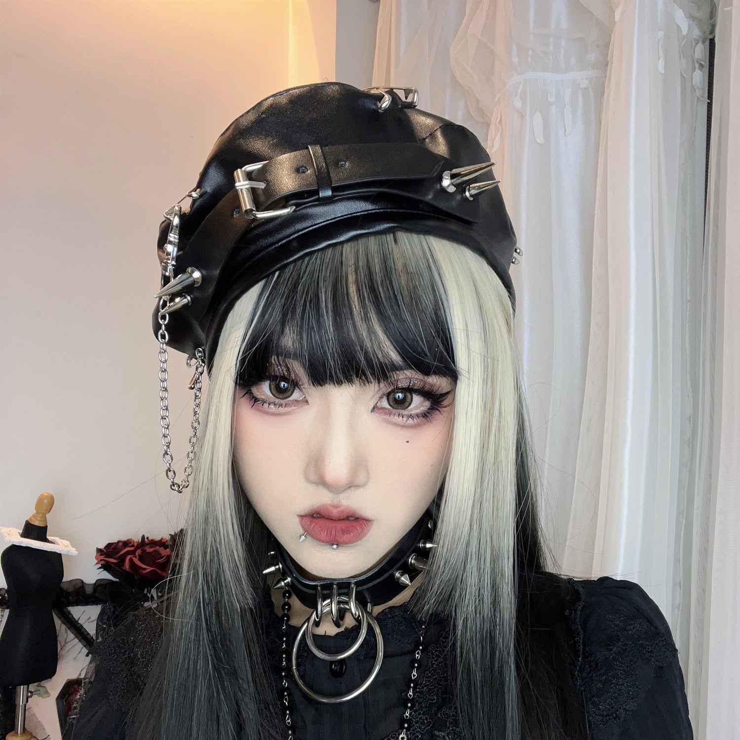 Pu Leather Punk Chain Studded Beret