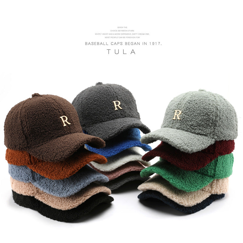 Autumn And Winter Letter R Solid Color Lamb Wool Baseball Cap Outdoor Sun Protection