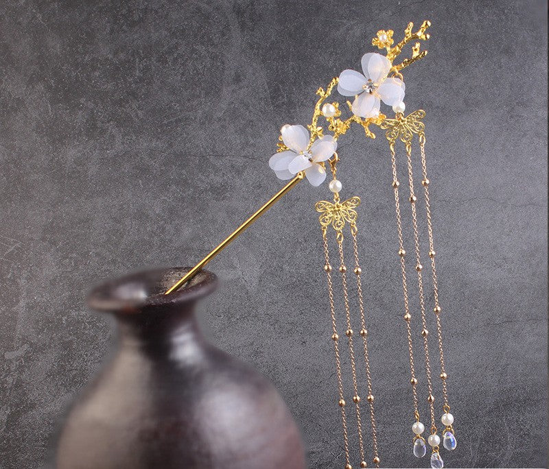 Ancient Style Hair Accessories Hanfu Plum Blossom Branch Tassel Hairpin White Flower Drill