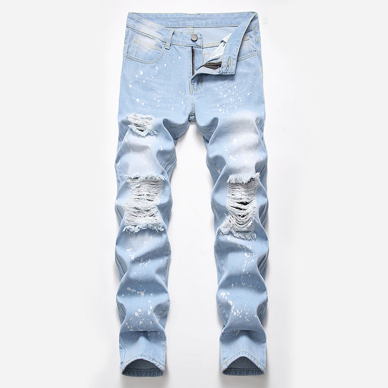 Summer Light Blue Plus Size Washed White Straight Ripped Jeans