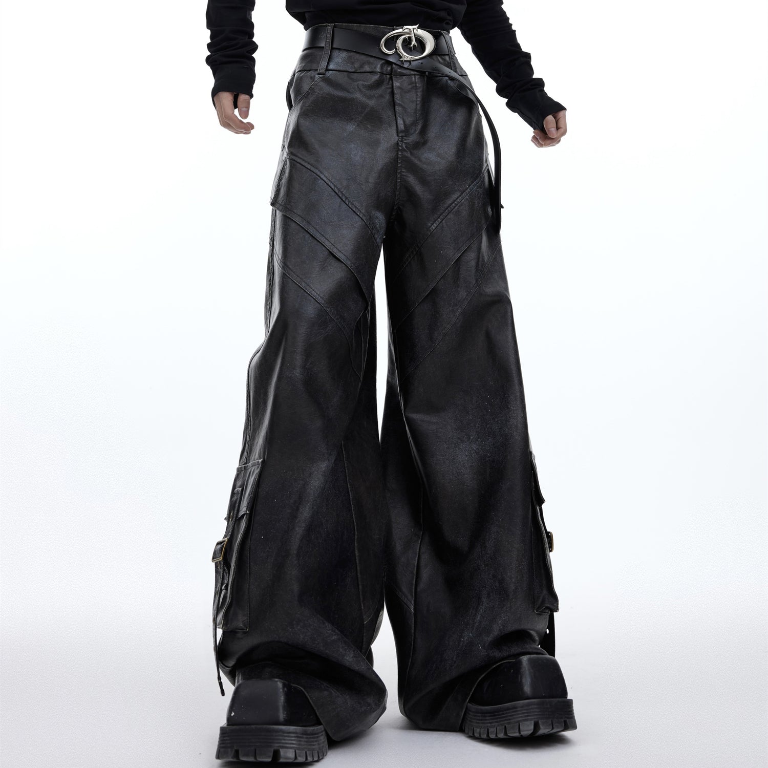 Punk PU Leather Splashed Ink Drape Casual Pants