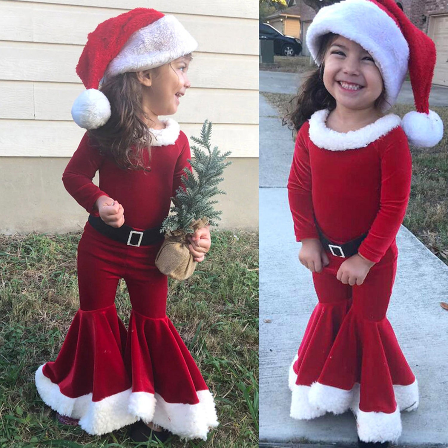 Winter Christmas Long-sleeved Shirt Bell Bottoms Hat Three-piece Children's Clothing