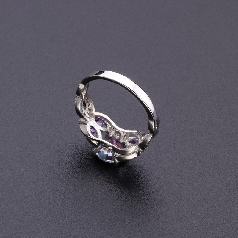 Hesheng Amazon Hot Hot Sale Colorful Water Drop Oval Zircon Women's Ring Silver Plated Exquisite Jewelry