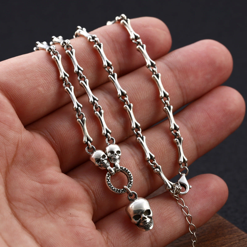 Sterling Silver Male And Female Personality Skull Bone Stitching Necklace