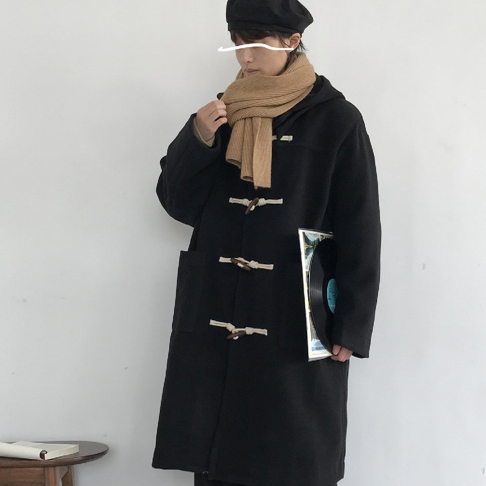 Japanese-style Retro Horn Single-breasted Trench Coat Black Loose Hooded Coat