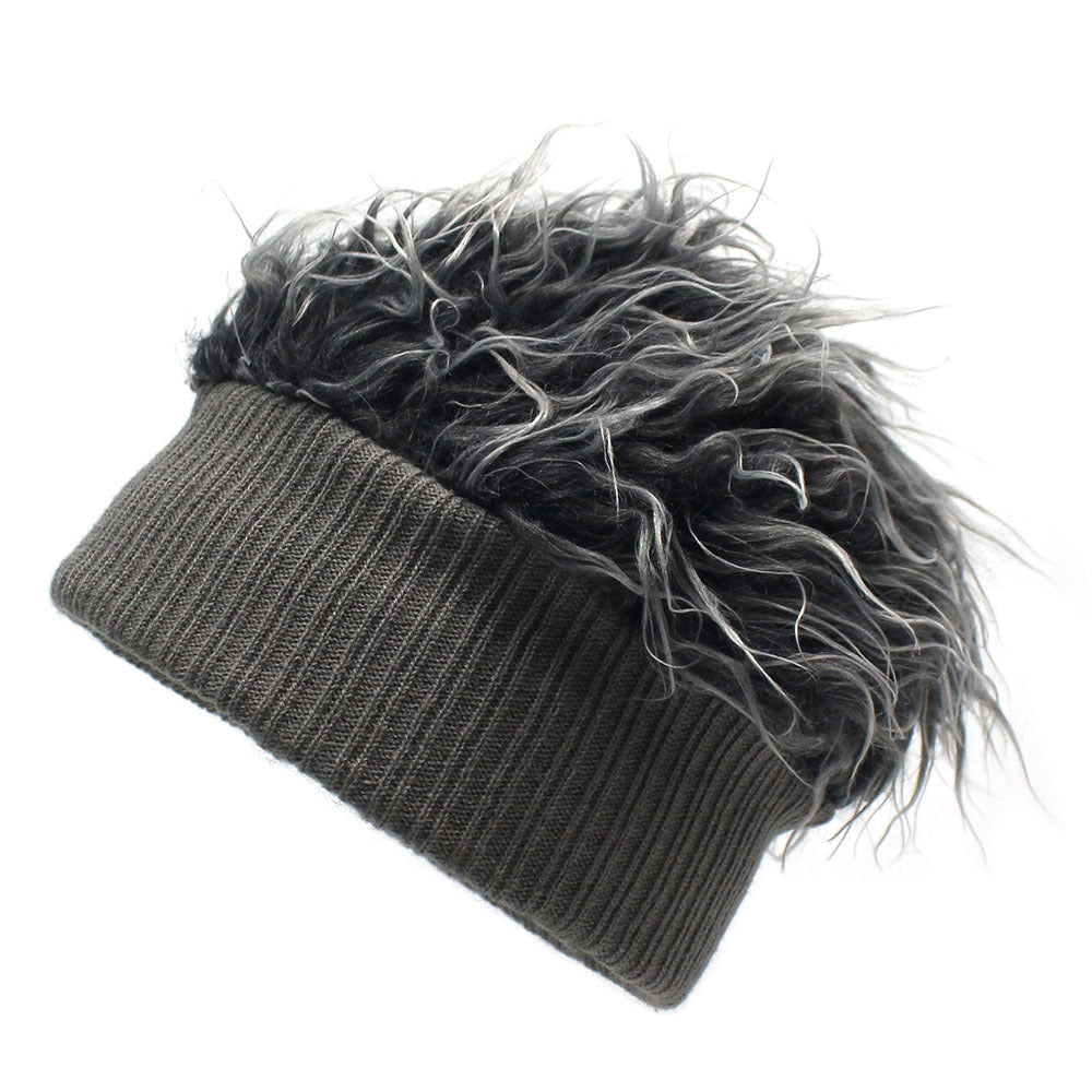 Wide-brimmed Knitted Sleeve Cap Furry Wig