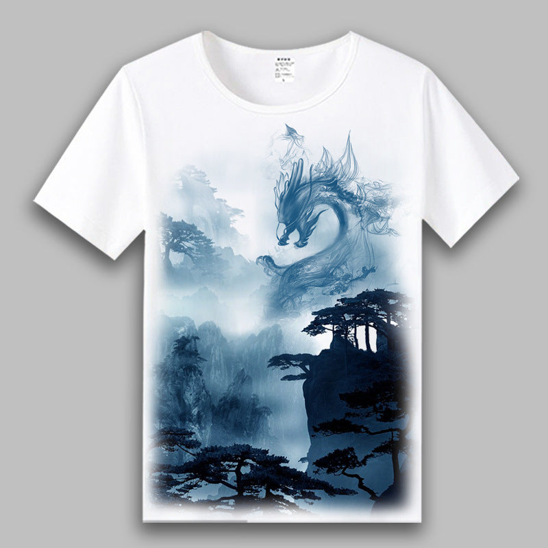 Chinese Style Chinese Landscape Painting Antique Printed Round Neck Short Sleeve T-shirt